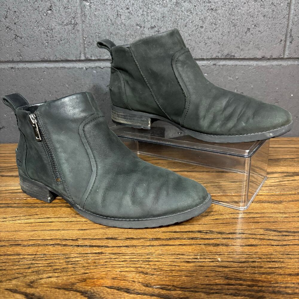 UGG Black Leather Ankle Boots Side Zip Casual Comfort Size 9